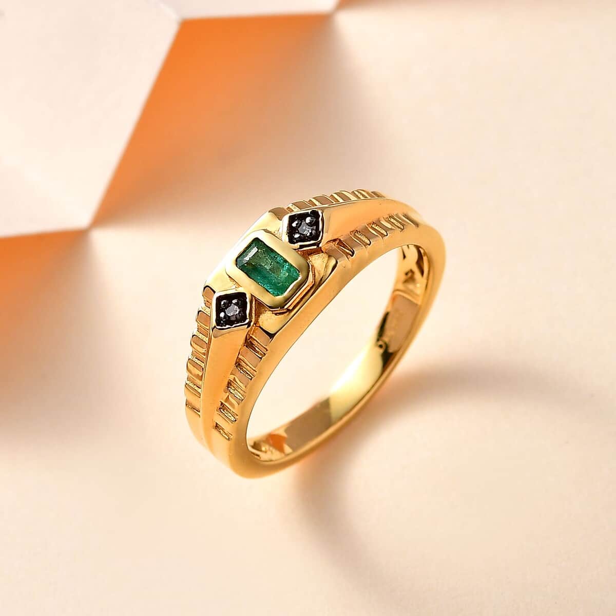 AAA Kagem Zambian Emerald and Natural Champagne Diamond Men's Ring in Vermeil Yellow Gold Over Sterling Silver (Size 10.0) 0.30 ctw (Del. in 8-10 Days) image number 1