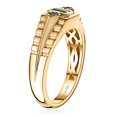 AAA Kagem Zambian Emerald and Natural Champagne Diamond Men's Ring in Vermeil Yellow Gold Over Sterling Silver (Size 10.0) 0.30 ctw