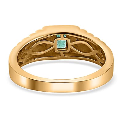 AAA Kagem Zambian Emerald and Natural Champagne Diamond Men's Ring in Vermeil Yellow Gold Over Sterling Silver (Size 10.0) 0.30 ctw