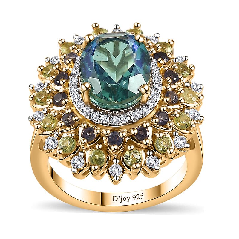 Peacock Quartz (Triplet) and Multi Gemstone Dahlia Floral Ring in Vermeil Yellow Gold Over Sterling Silver (Size 10.0) 4.15 ctw