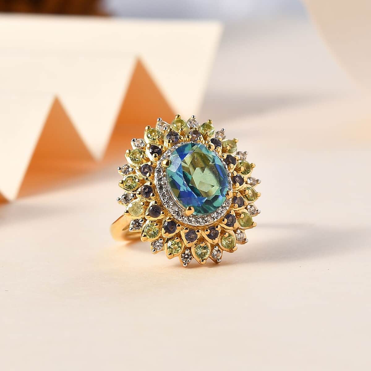 Peacock Quartz and Multi Gemstone Dahlia Floral Ring in Vermeil Yellow Gold Over Sterling Silver (Size 10.0) 4.15 ctw image number 1