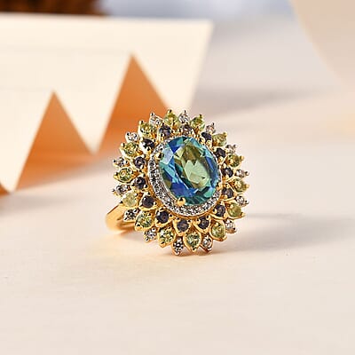 Peacock Quartz (Triplet) and Multi Gemstone Dahlia Floral Ring in Vermeil Yellow Gold Over Sterling Silver (Size 10.0) 4.15 ctw