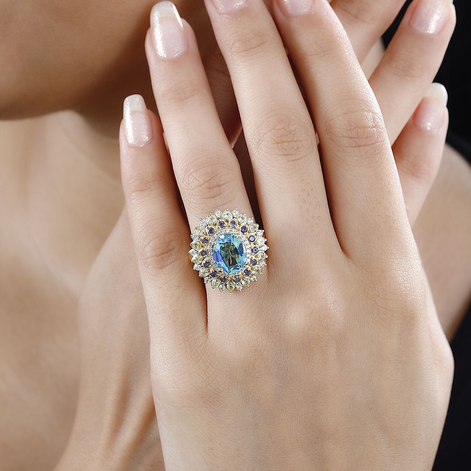 Peacock Quartz (Triplet) and Multi Gemstone Dahlia Floral Ring in Vermeil Yellow Gold Over Sterling Silver (Size 10.0) 4.15 ctw