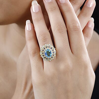 Peacock Quartz (Triplet) and Multi Gemstone Dahlia Floral Ring in Vermeil Yellow Gold Over Sterling Silver (Size 10.0) 4.15 ctw