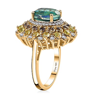 Peacock Quartz (Triplet) and Multi Gemstone Dahlia Floral Ring in Vermeil Yellow Gold Over Sterling Silver (Size 10.0) 4.15 ctw