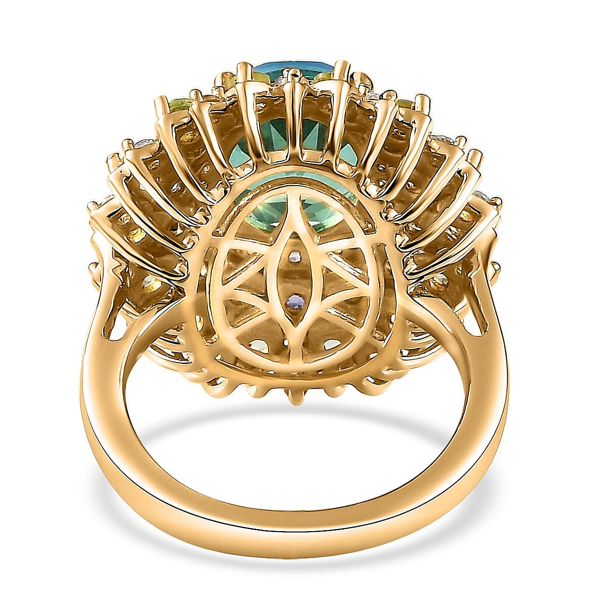 Peacock Quartz (Triplet) and Multi Gemstone Dahlia Floral Ring in Vermeil Yellow Gold Over Sterling Silver (Size 10.0) 4.15 ctw