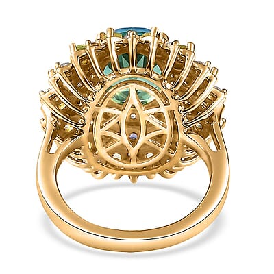 Peacock Quartz (Triplet) and Multi Gemstone Dahlia Floral Ring in Vermeil Yellow Gold Over Sterling Silver (Size 10.0) 4.15 ctw