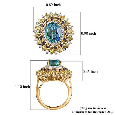 Peacock Quartz (Triplet) and Multi Gemstone Dahlia Floral Ring in Vermeil Yellow Gold Over Sterling Silver (Size 10.0) 4.15 ctw