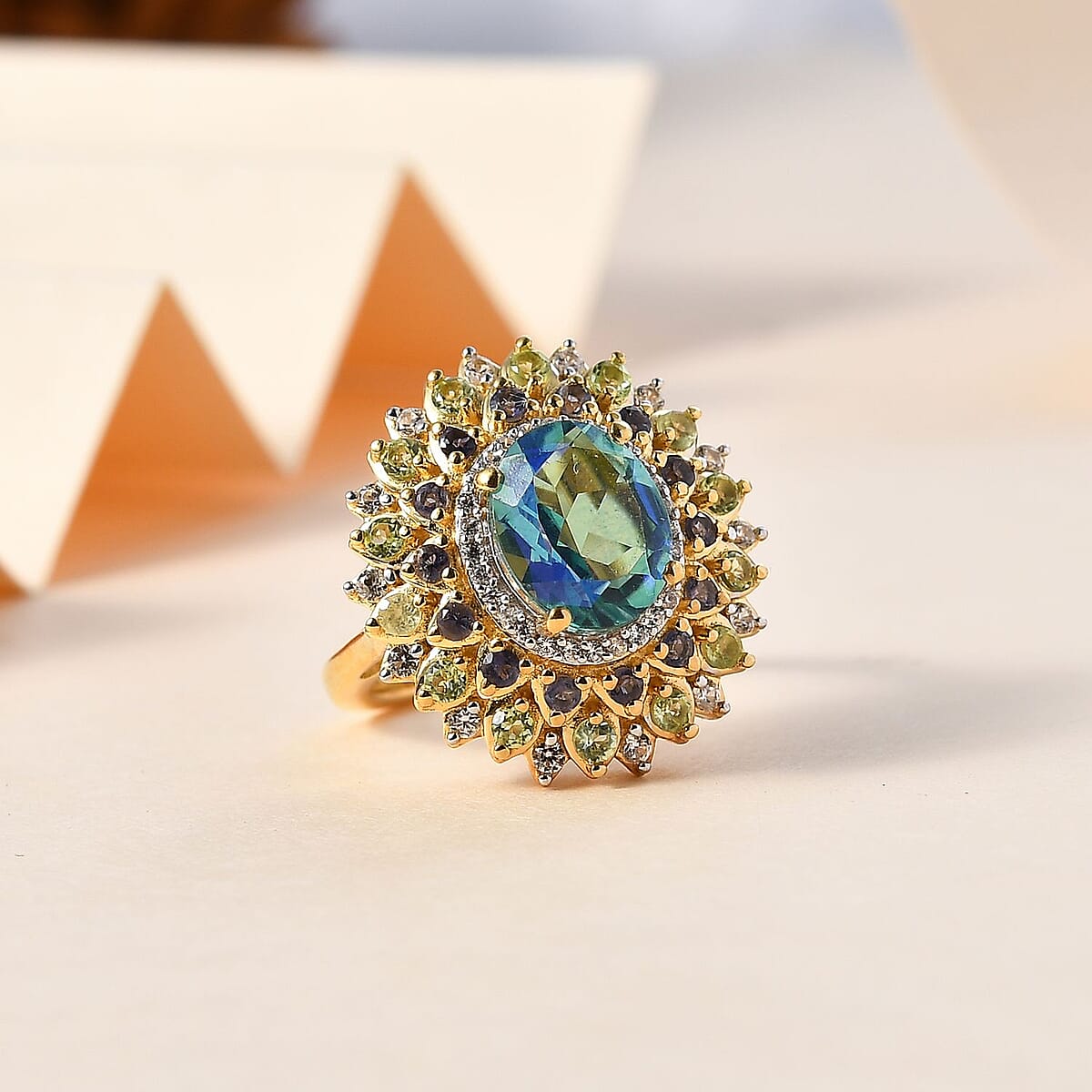 Peacock Quartz (Triplet) and Multi Gemstone Dahlia Floral Ring in Vermeil Yellow Gold Over Sterling Silver (Size 11.0) 4.15 ctw image number 1
