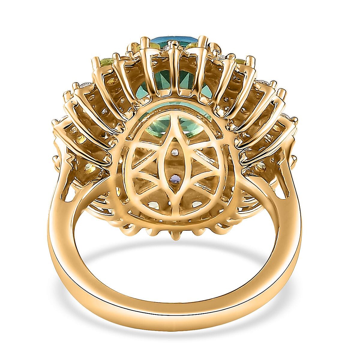 Peacock Quartz (Triplet) and Multi Gemstone Dahlia Floral Ring in Vermeil Yellow Gold Over Sterling Silver (Size 11.0) 4.15 ctw image number 4