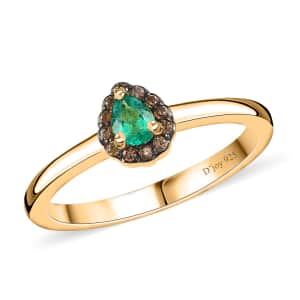 AAA Kagem Zambian Emerald and Brown Zircon Halo Ring in Vermeil Yellow Gold Over Sterling Silver (Size 10.0) 0.25 ctw (Del. in 8-10 Days)