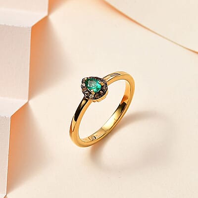 AAA Kagem Zambian Emerald and Brown Zircon Halo Ring in Vermeil Yellow Gold Over Sterling Silver (Size 10.0) 0.25 ctw