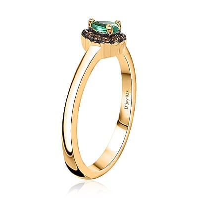AAA Kagem Zambian Emerald and Brown Zircon Halo Ring in Vermeil Yellow Gold Over Sterling Silver (Size 10.0) 0.25 ctw
