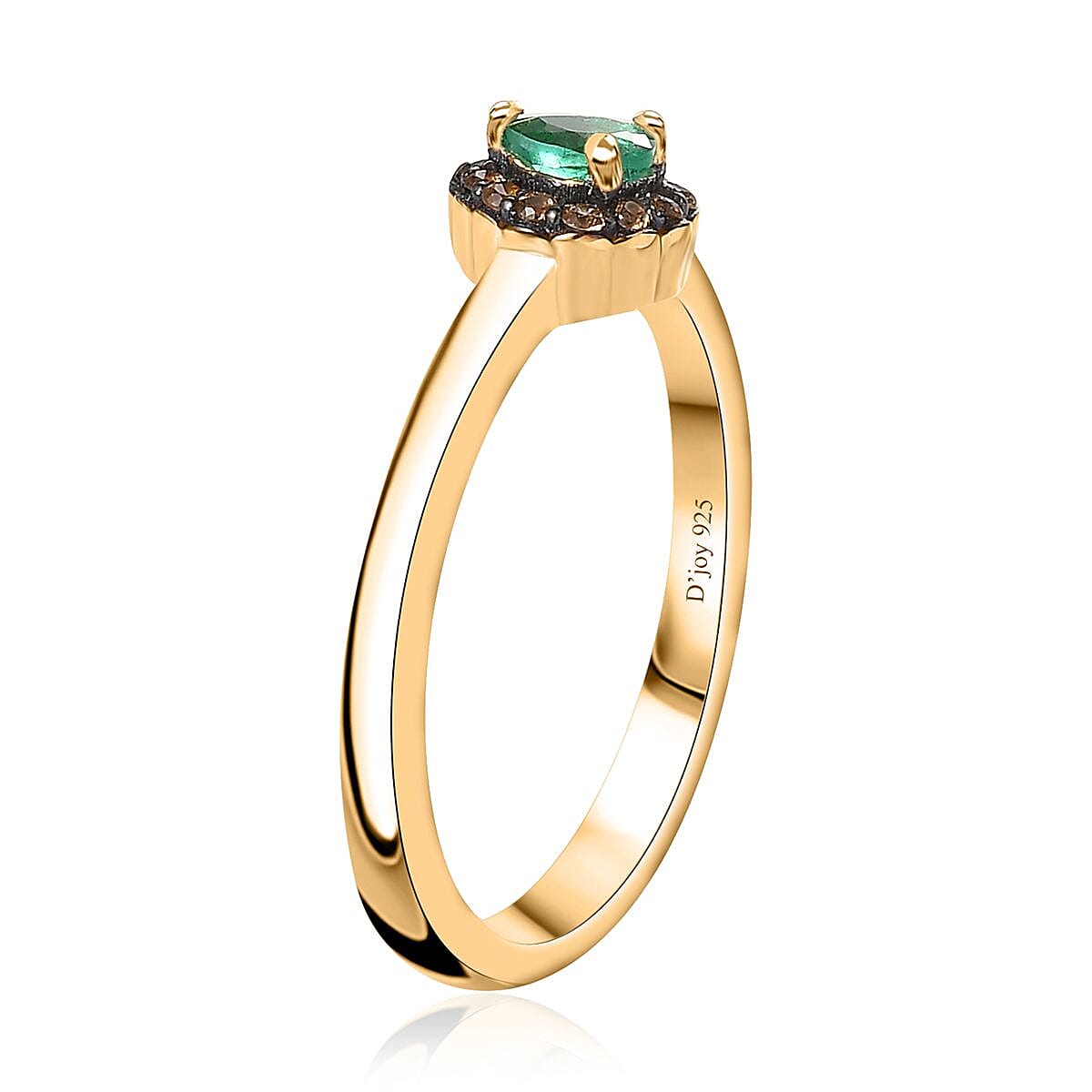 AAA Kagem Zambian Emerald and Brown Zircon Halo Ring in Vermeil Yellow Gold Over Sterling Silver (Size 6.0) 0.25 ctw