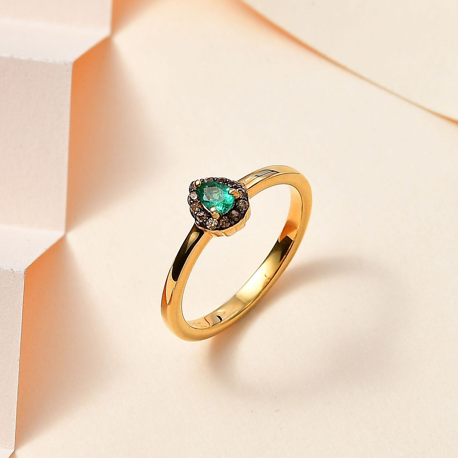 D'Joy AAA Kagem Zambian Emerald and Brown Zircon Halo Ring in Vermeil Yellow Gold Over Sterling Silver (Size 7.0) 0.25 ctw