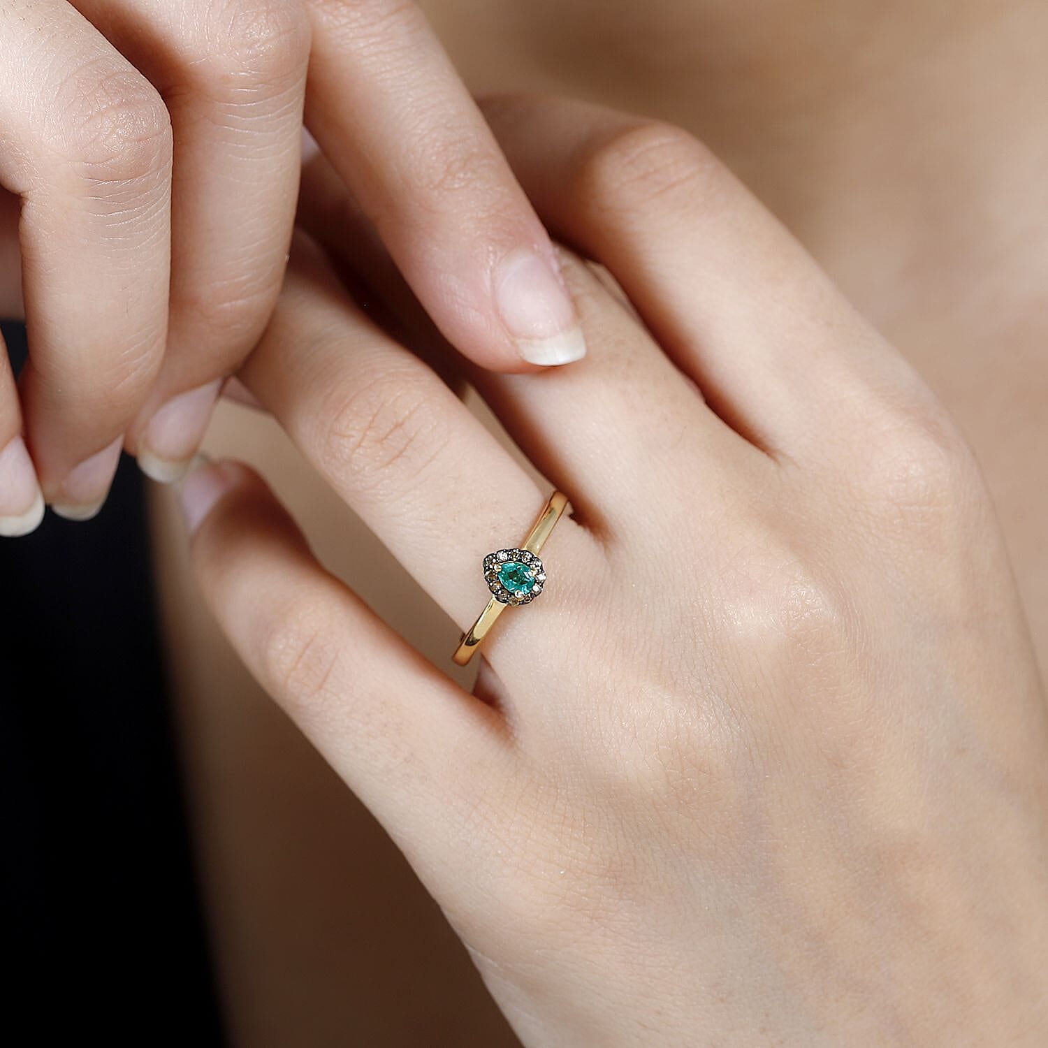 D'Joy AAA Kagem Zambian Emerald and Brown Zircon Halo Ring in Vermeil Yellow Gold Over Sterling Silver (Size 7.0) 0.25 ctw