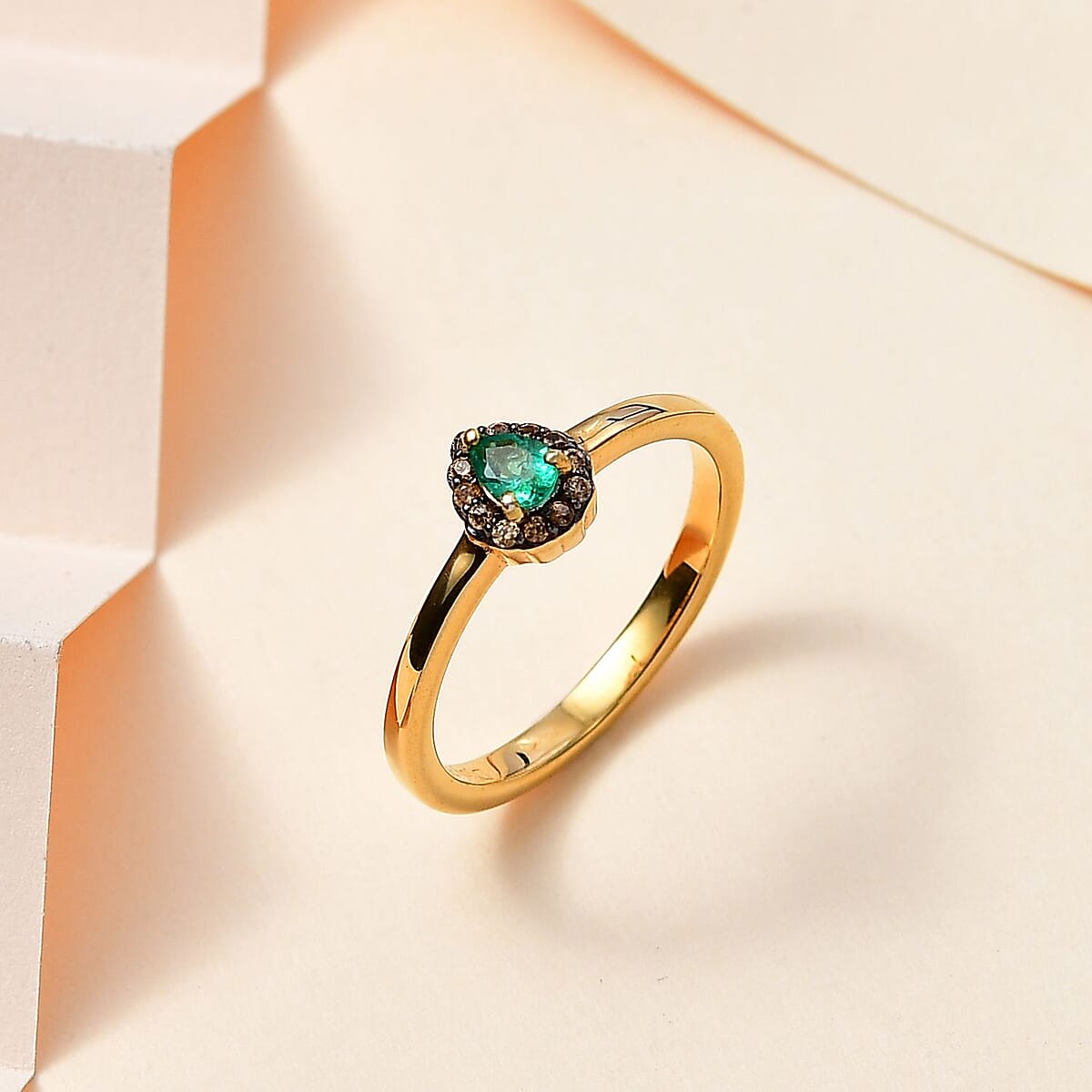 AAA Kagem Zambian Emerald and Brown Zircon Halo Ring in Vermeil Yellow Gold Over Sterling Silver (Size 8.0) 0.25 ctw image number 1