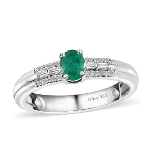 AAA Kagem Zambian Emerald and White Zircon Ring in Platinum Over Sterling Silver (Size 6.0) 0.50 ctw