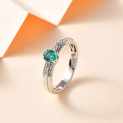 AAA Kagem Zambian Emerald and White Zircon Ring in Platinum Over Sterling Silver (Size 6.0) 0.50 ctw
