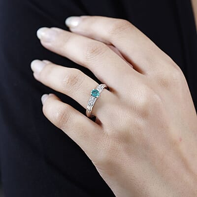AAA Kagem Zambian Emerald and White Zircon Ring in Platinum Over Sterling Silver (Size 6.0) 0.50 ctw