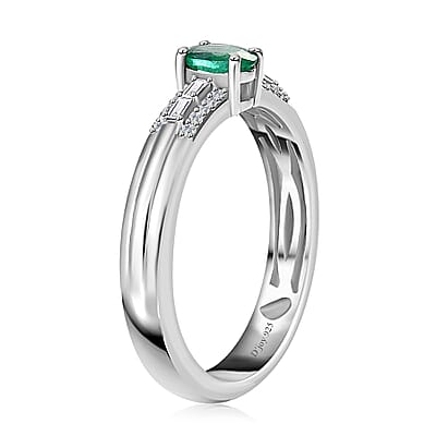 AAA Kagem Zambian Emerald and White Zircon Ring in Platinum Over Sterling Silver (Size 6.0) 0.50 ctw