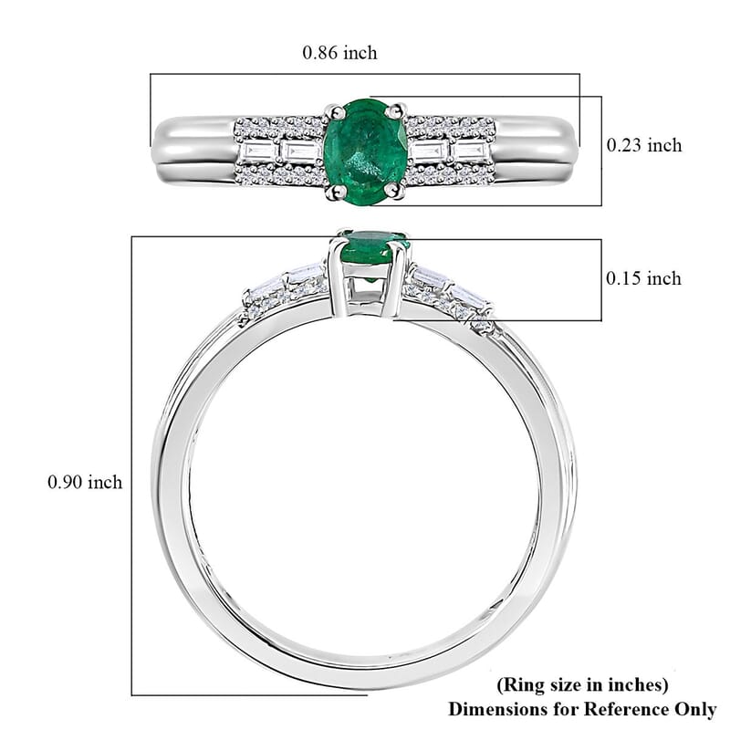 AAA Kagem Zambian Emerald and White Zircon Ring in Platinum Over Sterling Silver (Size 6.0) 0.50 ctw