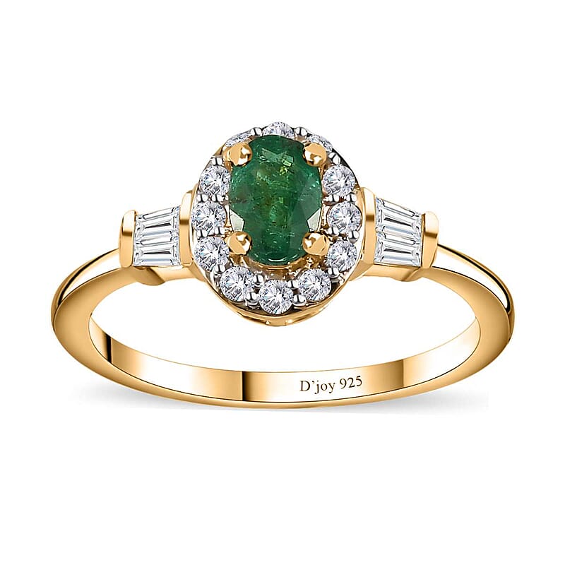 AAA Kagem Zambian Emerald and White Zircon Halo Ring in Vermeil Yellow Gold Over Sterling Silver (Size 10.0) 1.00 ctw