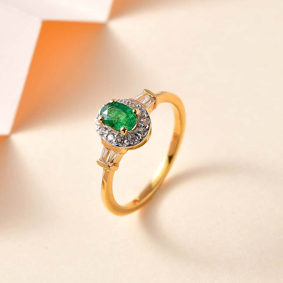 AAA Kagem Zambian Emerald and White Zircon Halo Ring in Vermeil Yellow Gold Over Sterling Silver (Size 10.0) 1.00 ctw image number 1