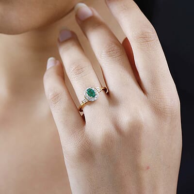 AAA Kagem Zambian Emerald and White Zircon Halo Ring in Vermeil Yellow Gold Over Sterling Silver (Size 10.0) 1.00 ctw