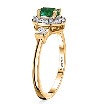 AAA Kagem Zambian Emerald and White Zircon Halo Ring in Vermeil Yellow Gold Over Sterling Silver (Size 10.0) 1.00 ctw