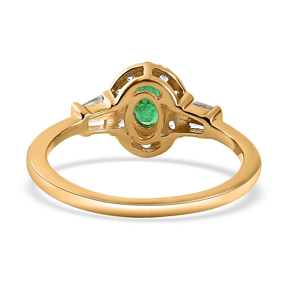 AAA Kagem Zambian Emerald and White Zircon Halo Ring in Vermeil Yellow Gold Over Sterling Silver (Size 10.0) 1.00 ctw