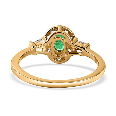 AAA Kagem Zambian Emerald and White Zircon Halo Ring in Vermeil Yellow Gold Over Sterling Silver (Size 10.0) 1.00 ctw