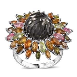 Tahitian Cultured Pearl Carved and Multi-Tourmaline Black Eyed Susan Floral Ring in Rhodium Over Sterling Silver (Size 10.0) 4.20 ctw