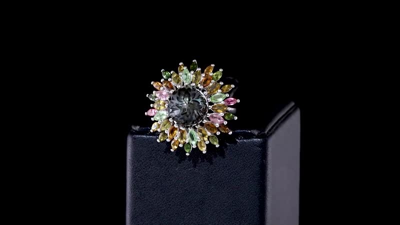 Epic deal Tahitian Cultured Pearl (Rnd 11-12mm), Multi-Tourmaline Floral Ring in Rhodium Over Sterling Silver (Size 10.0) 4.20 ctw