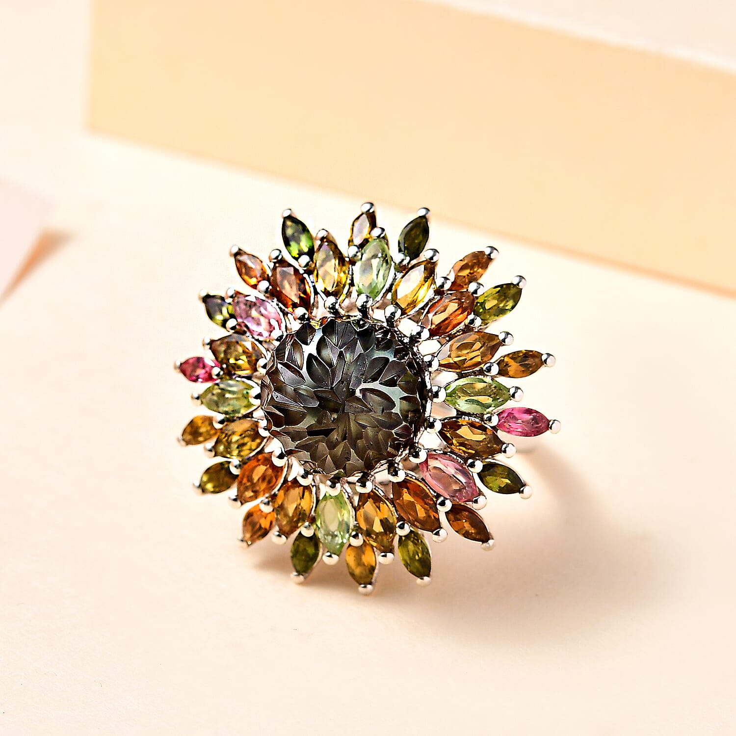 Tahitian Cultured Pearl Carved and Multi-Tourmaline Black Eyed Susan Floral Ring in Rhodium Over Sterling Silver (Size 10.0) 4.20 ctw