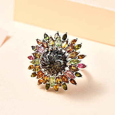 Tahitian Cultured Pearl Carved and Multi-Tourmaline Black Eyed Susan Floral Ring in Rhodium Over Sterling Silver (Size 10.0) 4.20 ctw