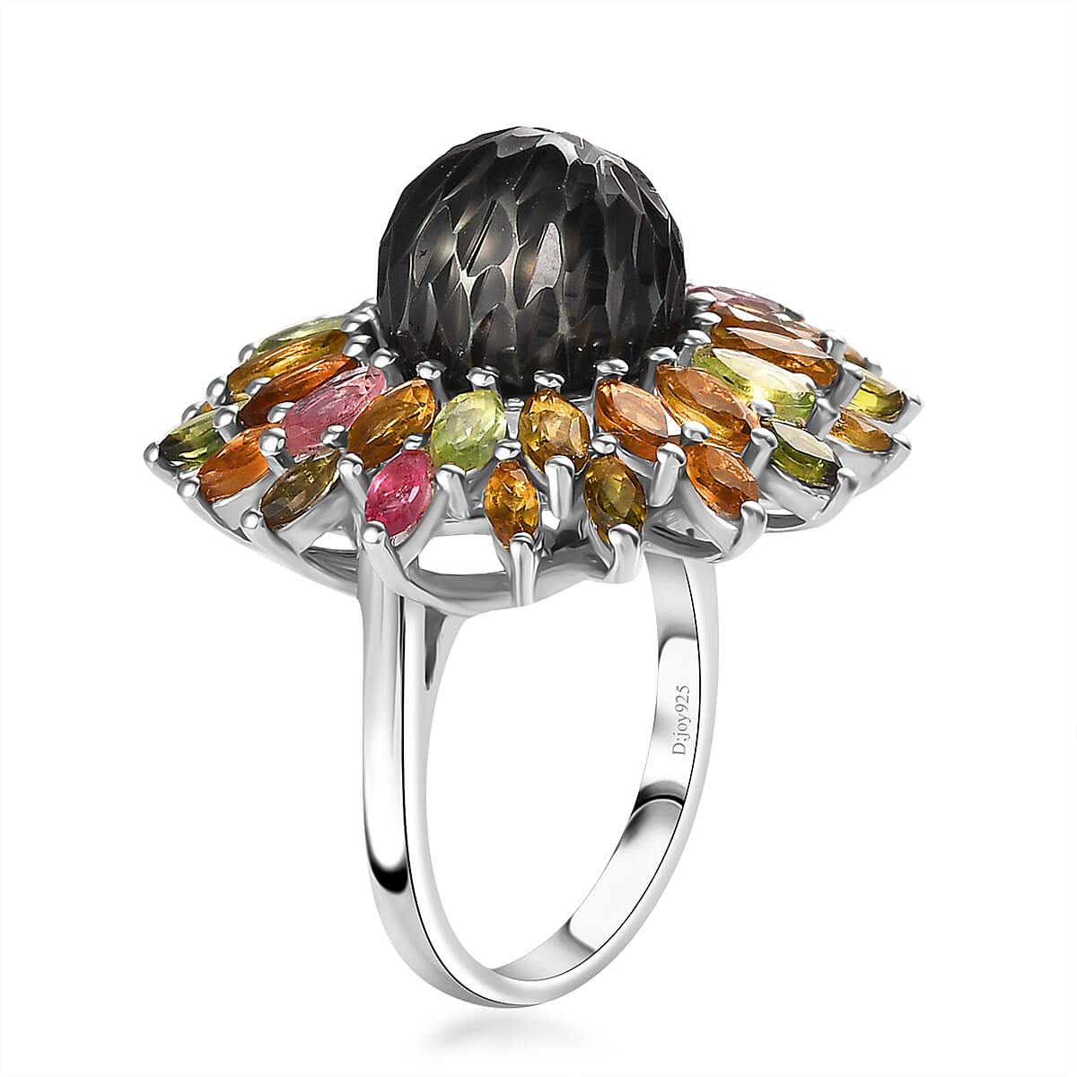 Tahitian Cultured Pearl Carved and Multi-Tourmaline Black Eyed Susan Floral Ring in Rhodium Over Sterling Silver (Size 10.0) 4.20 ctw