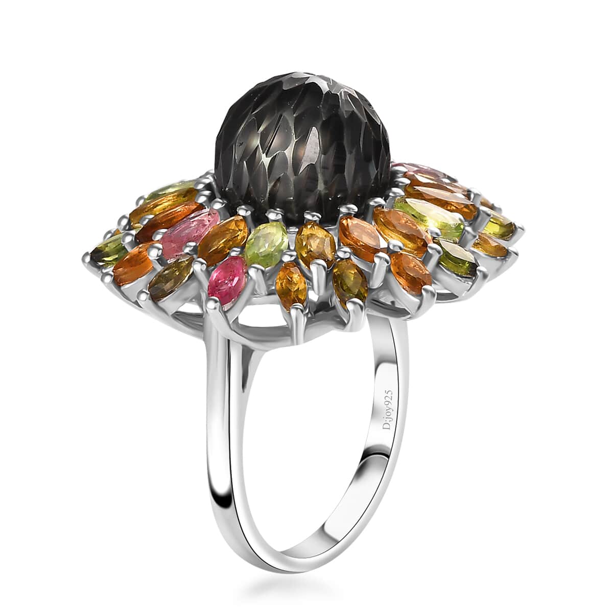 Tahitian Cultured Pearl Carved and Multi-Tourmaline Black Eyed Susan Floral Ring in Rhodium Over Sterling Silver (Size 10.0) 4.20 ctw image number 2