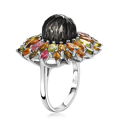 Tahitian Cultured Pearl Carved and Multi-Tourmaline Black Eyed Susan Floral Ring in Rhodium Over Sterling Silver (Size 10.0) 4.20 ctw