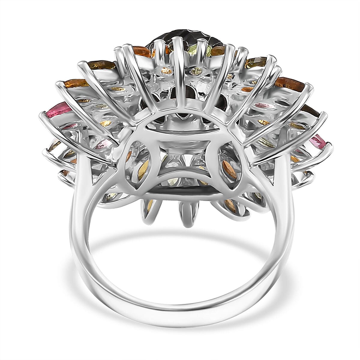 Tahitian Cultured Pearl Carved and Multi-Tourmaline Black Eyed Susan Floral Ring in Rhodium Over Sterling Silver (Size 10.0) 4.20 ctw