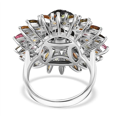 Tahitian Cultured Pearl Carved and Multi-Tourmaline Black Eyed Susan Floral Ring in Rhodium Over Sterling Silver (Size 10.0) 4.20 ctw