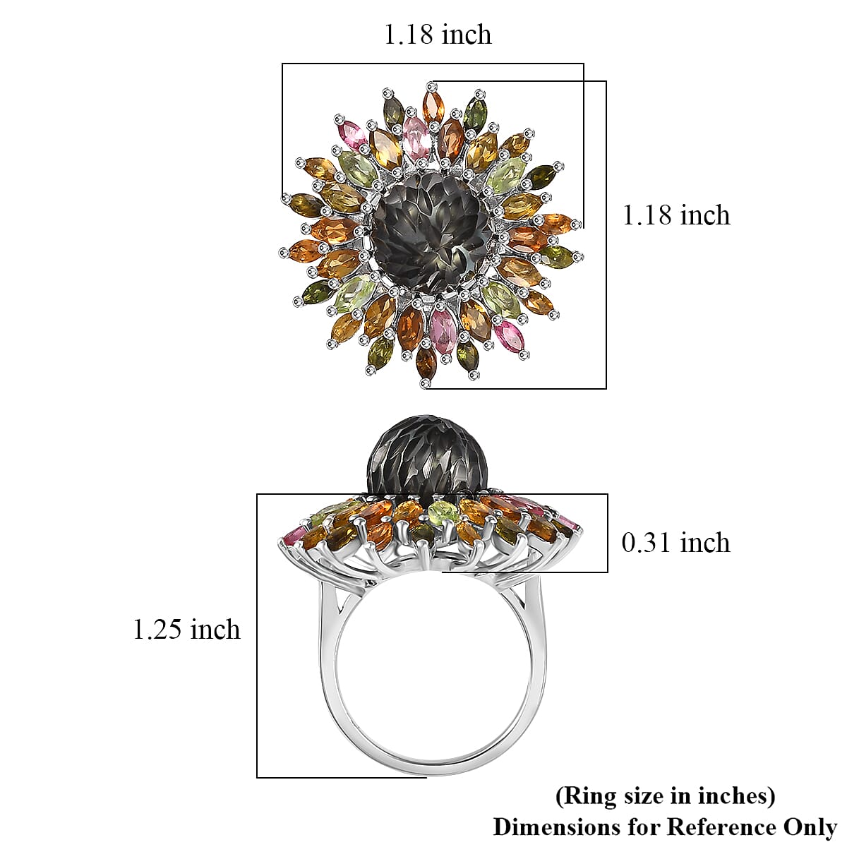 Tahitian Cultured Pearl Carved and Multi-Tourmaline Black Eyed Susan Floral Ring in Rhodium Over Sterling Silver (Size 10.0) 4.20 ctw