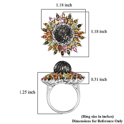 Tahitian Cultured Pearl Carved and Multi-Tourmaline Black Eyed Susan Floral Ring in Rhodium Over Sterling Silver (Size 10.0) 4.20 ctw