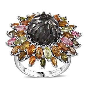 Tahitian Cultured Pearl Carved and Multi-Tourmaline Black Eyed Susan Floral Ring in Rhodium Over Sterling Silver (Size 6.0) 4.20 ctw
