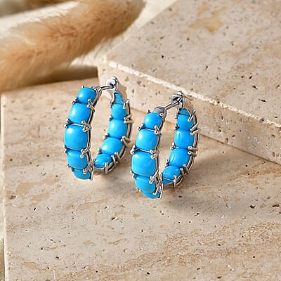 Premium Sleeping Beauty Turquoise 8.40 ctw Hoop Earrings in Rhodium Over Sterling Silver
