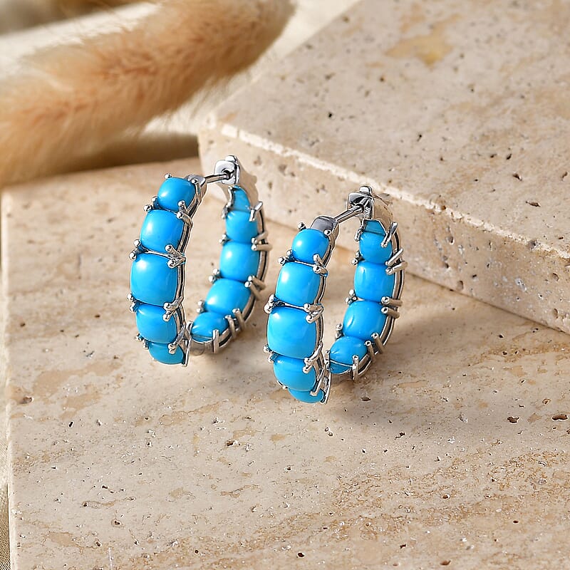 Premium Sleeping Beauty Turquoise 8.40 ctw Hoop Earrings in Rhodium Over Sterling Silver