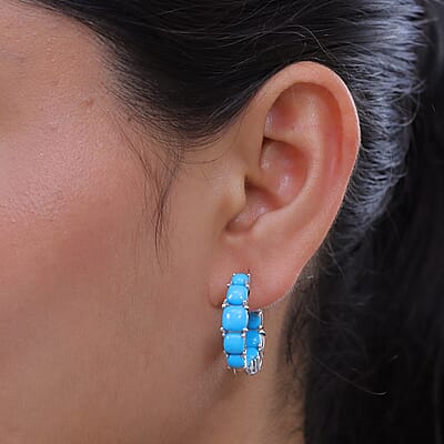 Premium Sleeping Beauty Turquoise 8.40 ctw Hoop Earrings in Rhodium Over Sterling Silver