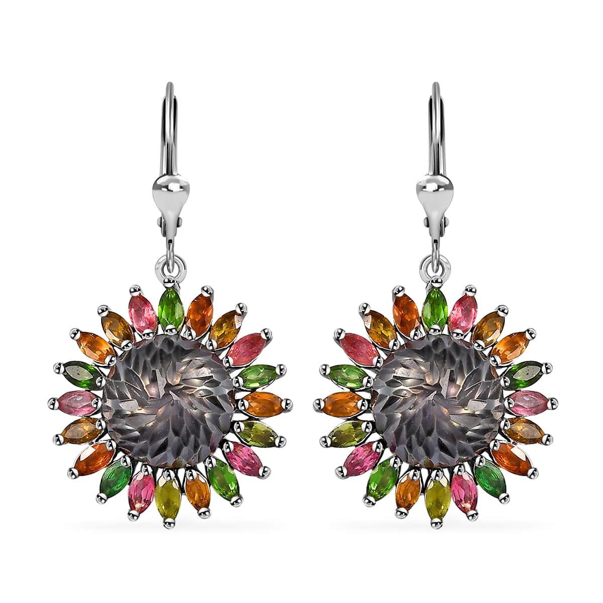 Tahitian Cultured Pearl Carved and Multi-Tourmaline Black Eyed Susan Floral Earrings in Rhodium Over Sterling Silver 3.60 ctw image number 0