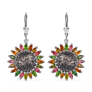 Tahitian Cultured Pearl Carved and Multi-Tourmaline Black Eyed Susan Floral Earrings in Rhodium Over Sterling Silver 3.60 ctw