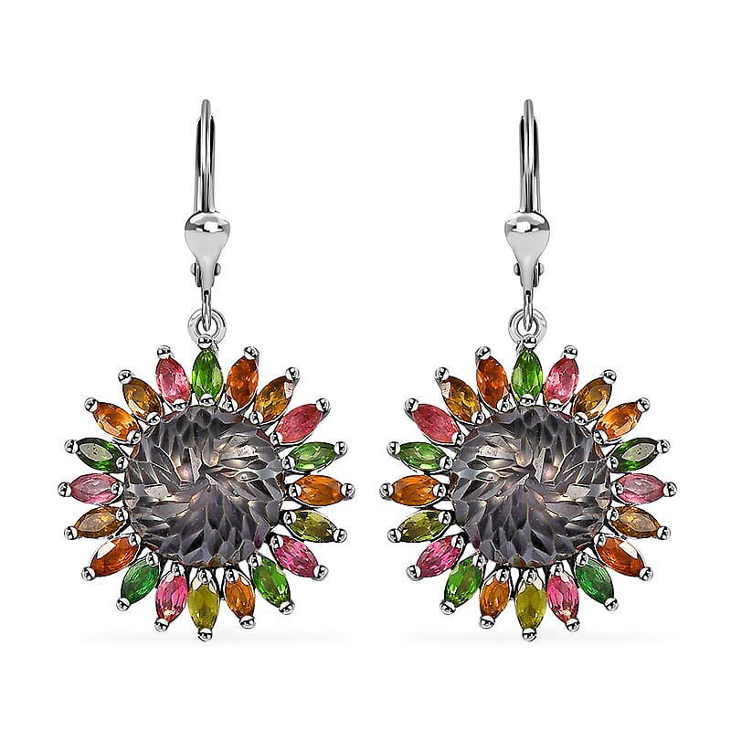 Tahitian Cultured Pearl Carved and Multi-Tourmaline Black Eyed Susan Floral Earrings in Rhodium Over Sterling Silver 3.60 ctw